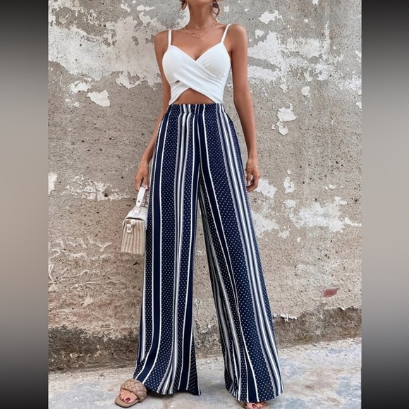 NWOT SHEIN Unity Stripe & Dot Print Navy Blue Wide-Leg Pants Women’s Size 4 - Picture 1 of 7